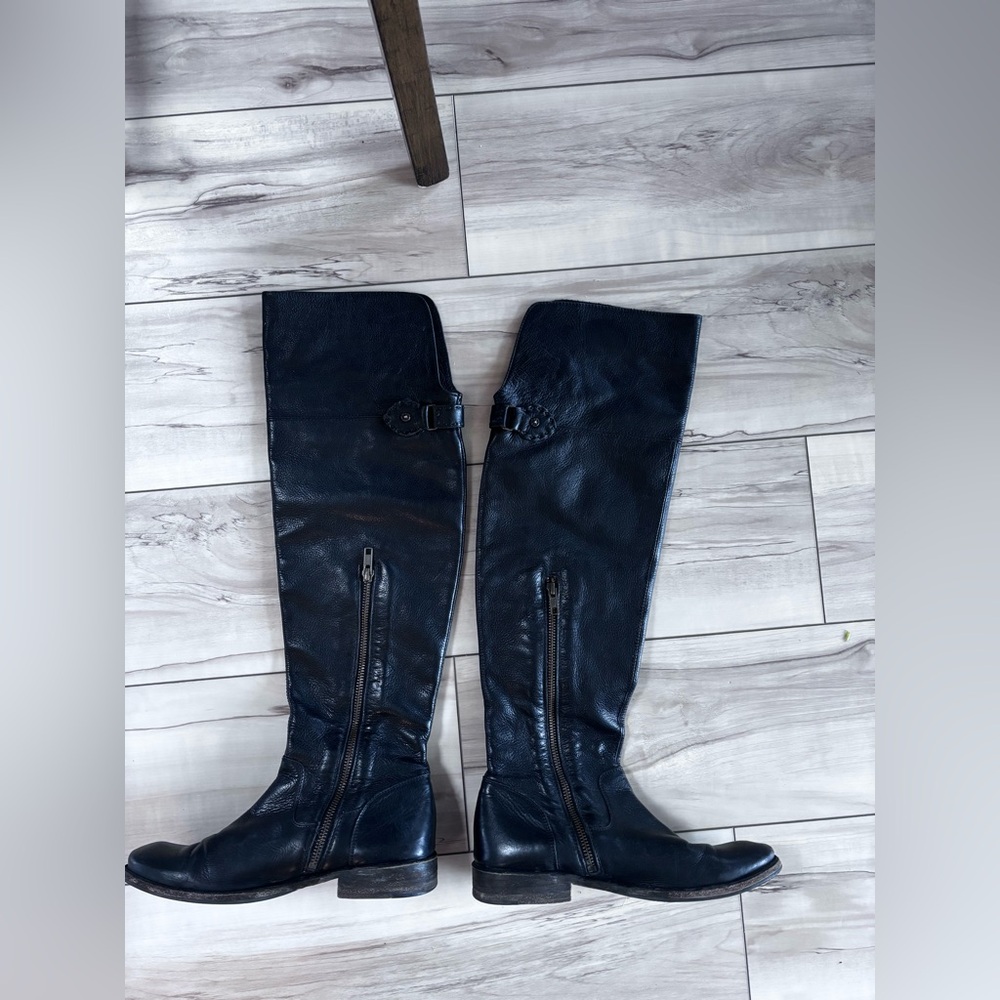 Frye Black Tall Leather Distressed Riding Boots - Picture 3 of 3